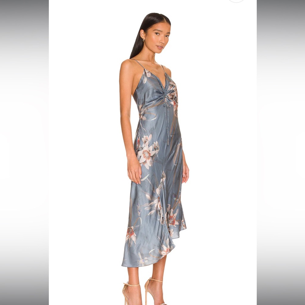 All Saints Slate Blue Floral Twist-Front Slip Midi Dress
